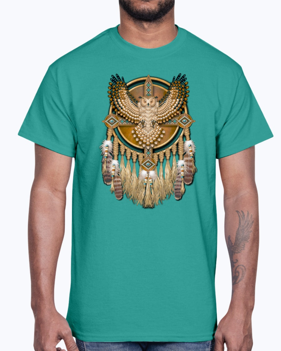 Men's Gildan Ultra Cotton T-Shirt 12 Dark colors. Beadwork Great Horned Owl Mandala